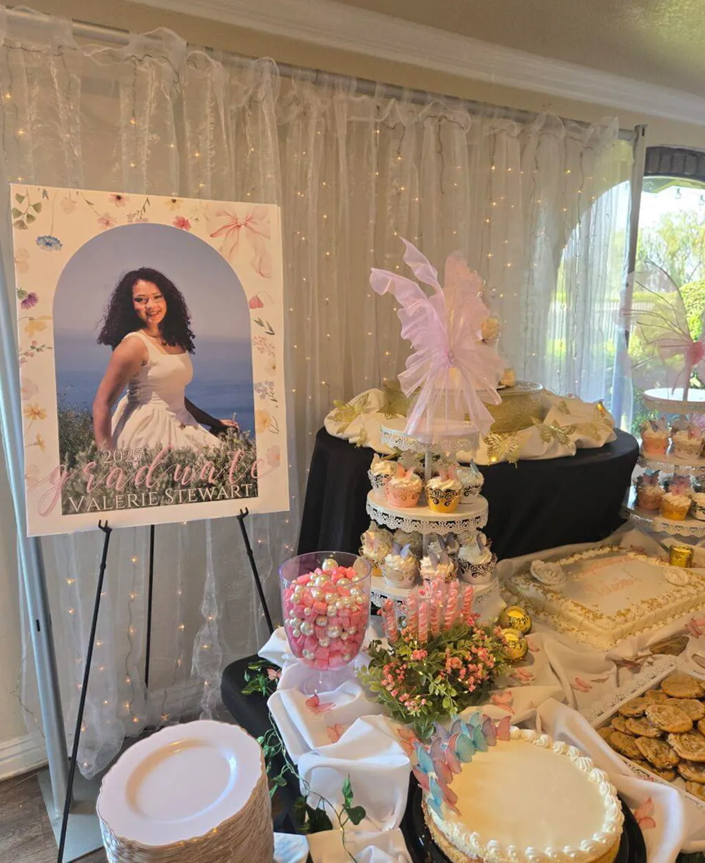 Graduation party dessert and cake display setup at Orangecrest Club
